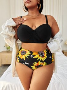 SHEIN Swim Curve Plus Size Sunflower Print Push Up Bikini Set Summer Beach - Multicolor - View 1