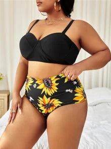 SHEIN Swim Curve Plus Size Sunflower Print Push Up Bikini Set Summer Beach - Multicolor - View 3