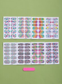 8張幾何圖案指甲藝術貼紙和1支指甲磨光條，指甲貼紙DIY - 彩色 - 查看 2