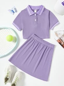 Girls Polo Neck Contrast Trim Tee & Skirt - Mauve Purple - View 1