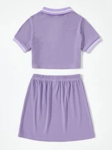 Girls Polo Neck Contrast Trim Tee & Skirt - Mauve Purple - View 2