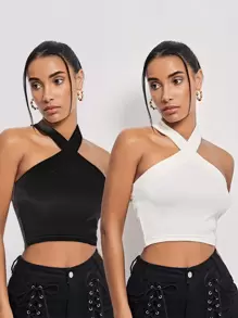 Muchica 再生滌2入組素色交叉掛脖上衣 - 黑與白 - 查看 1