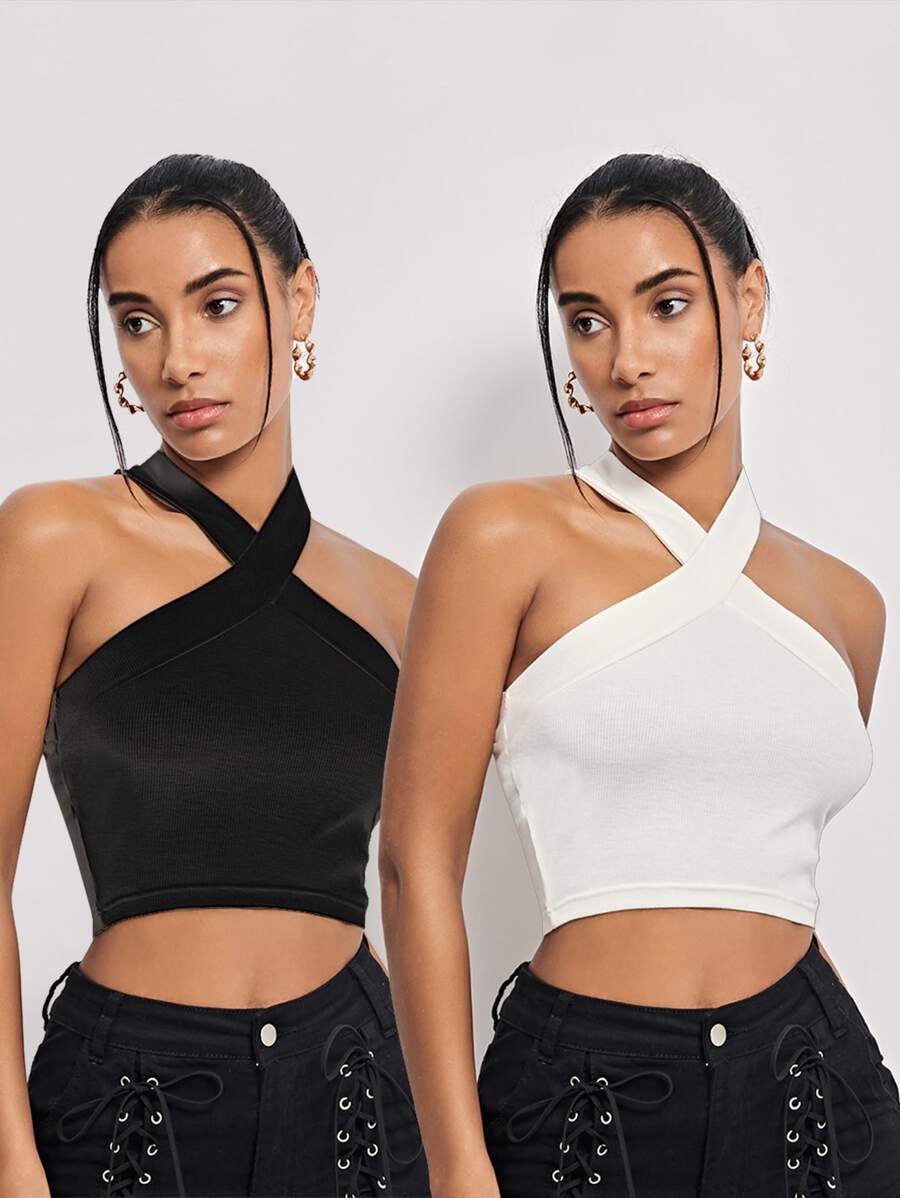 Muchica 再生滌2入組素色交叉掛脖上衣 - 黑與白 - 查看 1