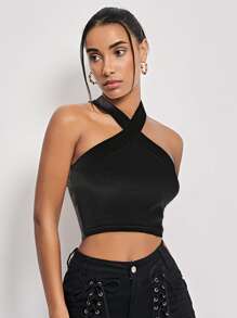 Muchica 再生滌2入組素色交叉掛脖上衣 - 黑與白 - 查看 7