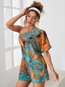 SHEIN VCAY Tropical Print One Shoulder Batwing Sleeve Romper - Multicolor - View 4