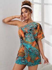 SHEIN VCAY Tropical Print One Shoulder Batwing Sleeve Romper - Multicolor - View 5