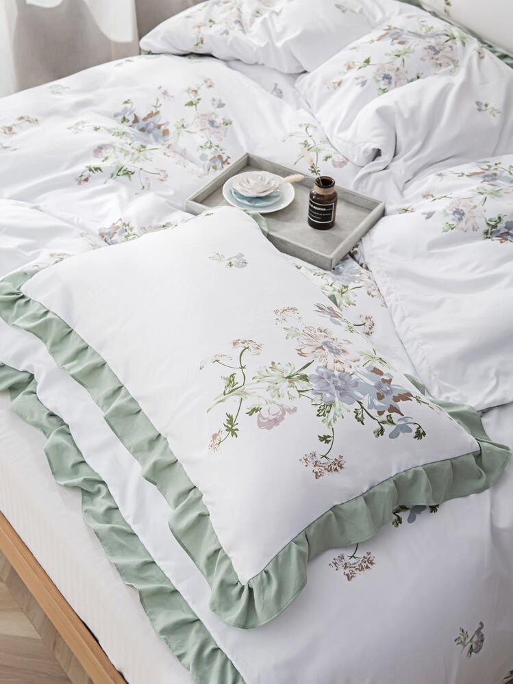 Scallop Trim Flower Print Duvet Cover Set Without Filler - Multicolor - View 3