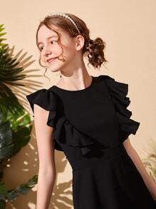 SHEIN Đầm Gái Xù Viên lá sen Dây kéo màu trơn Ăn mặc đẹp - màu đen - Xem 3