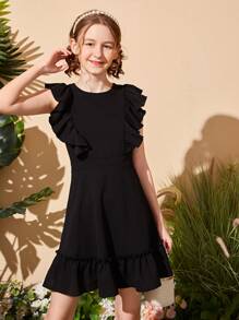 SHEIN Đầm Gái Xù Viên lá sen Dây kéo màu trơn Ăn mặc đẹp - màu đen - Xem 5