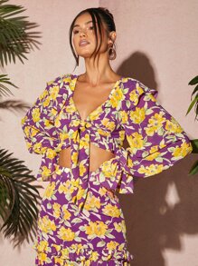 SHEIN VCAY 印花荷葉邊荷葉袖前打結短款上衣 - 彩色 - 查看 3