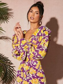SHEIN VCAY 印花荷葉邊荷葉袖前打結短款上衣 - 彩色 - 查看 4