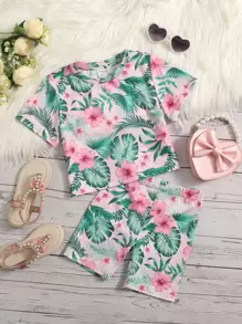 SHEIN Young Girl Tropical Print Tee & Shorts - Multicolor - View 1