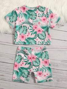 SHEIN Young Girl Tropical Print Tee & Shorts - Multicolor - View 2