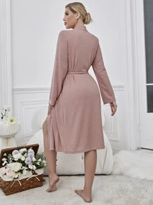 Bata homewear con diseño de parche con bolsillo delantero con cinturón - Rosa vieja - Ver 2