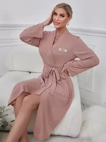 Bata homewear con diseño de parche con bolsillo delantero con cinturón - Rosa vieja - Ver 3