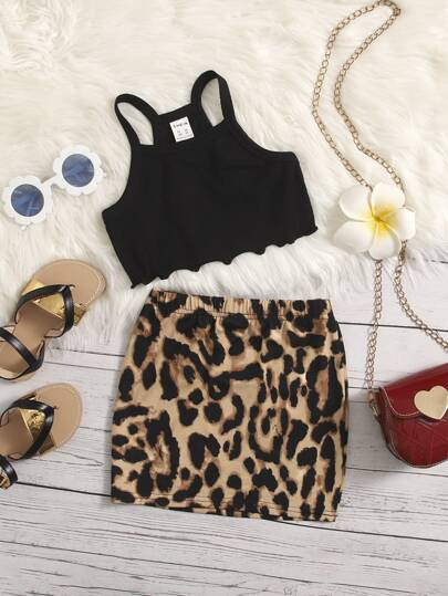 SHEIN Top Cami Y Falda Con Estampado De Leopardo, Adornado Con Encaje Verde Para Chicas Jóvenes