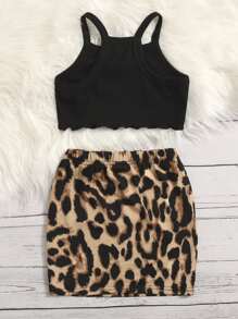 SHEIN Young Girl Lettuce Trim Cami Top & Leopard Print Skirt - Multicolor - View 2