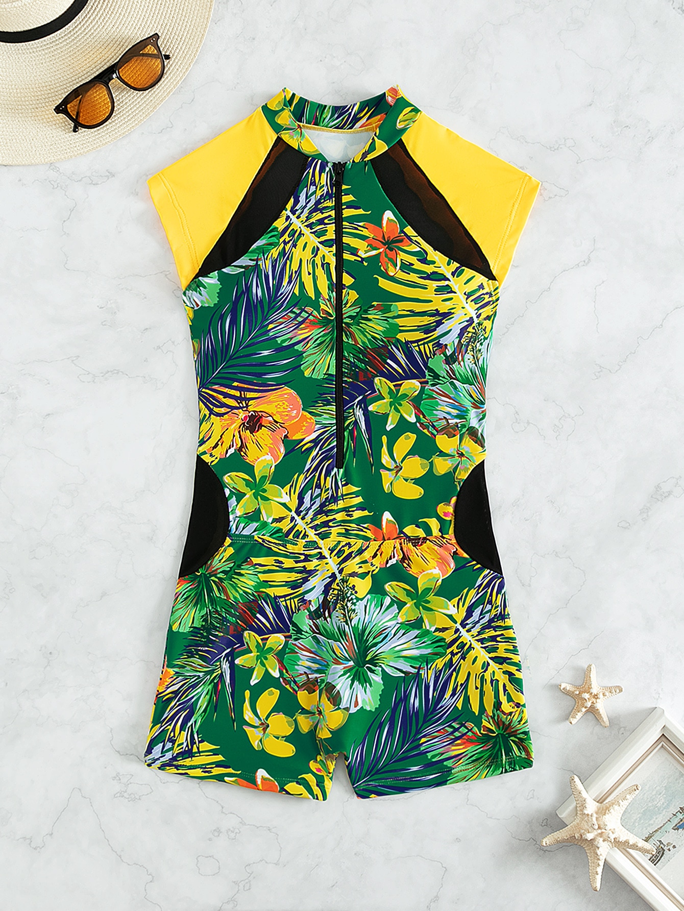 Tropical Print Zipper One Piece Swimsuit SHEIN USA