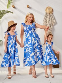 Girls 1pc Allover Floral Print Shirred Dress - Blue and White - View 4