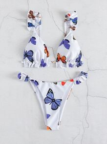 Bikini triangular con estampado aleatorio de mariposas y ribete con volantes - Multicolor - Ver 1