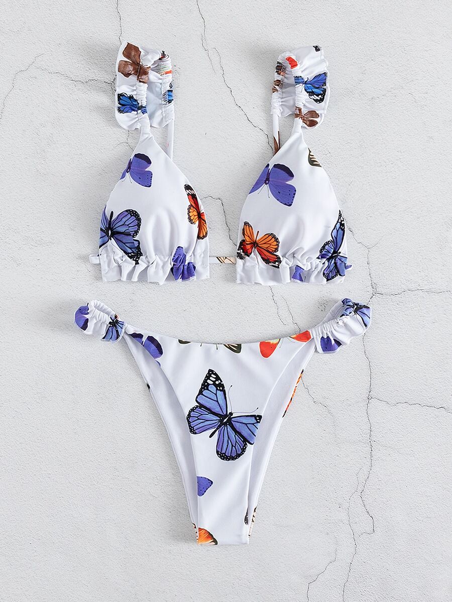 Bikini triangular con estampado aleatorio de mariposas y ribete con volantes - Multicolor - Ver 1