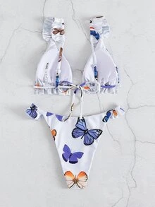 Bikini triangular con estampado aleatorio de mariposas y ribete con volantes - Multicolor - Ver 2