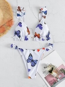 Bikini triangular con estampado aleatorio de mariposas y ribete con volantes - Multicolor - Ver 3
