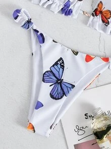 Bikini triangular con estampado aleatorio de mariposas y ribete con volantes - Multicolor - Ver 5