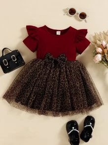 SHEIN Vestido De Leopardo Con Superposición De Malla Y Ribete De Volante Con Lazo Delantero Para Niña Joven - Multicolor - Ver 1