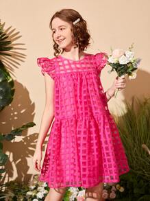SHEIN Teen Girls Mesh Flounce Hem Dress - Hot Pink - View 1