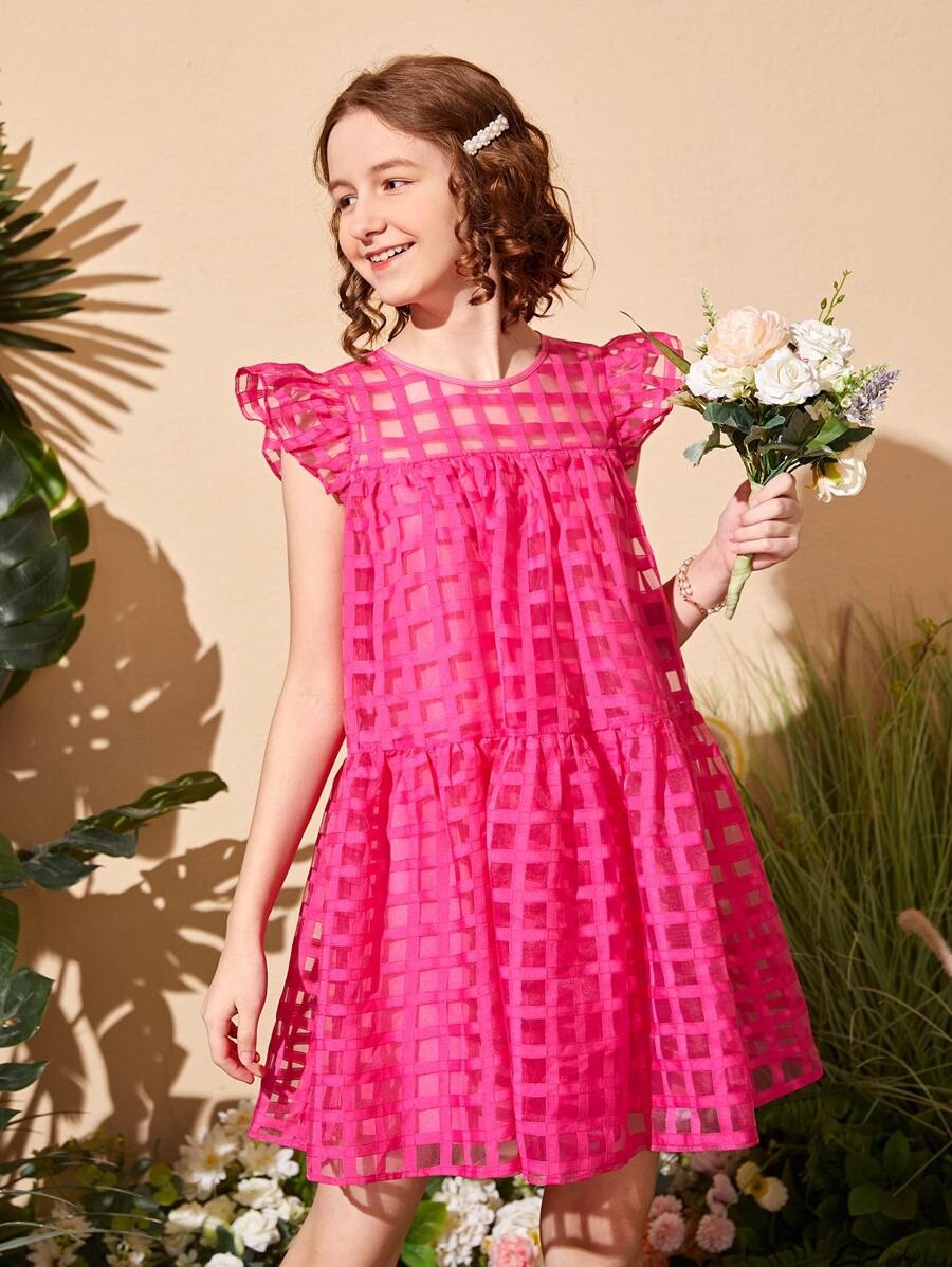 SHEIN Teen Girls Mesh Flounce Hem Dress - Hot Pink - View 1