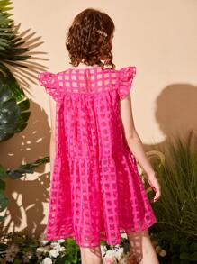 SHEIN Teen Girls Mesh Flounce Hem Dress - Hot Pink - View 2