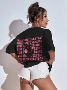 SHEIN Unity Áo thun in hình mặt cười và khẩu hiệu cho nữ - màu đen - Xem 1