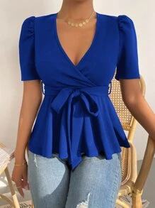 Chiquease Áo thun nữ Thắt lưng Viên lá sen Trọn gói màu trơn Thanh lịch - Xanh đậm - Xem 1