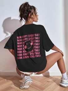 SHEIN Unity Áo thun in hình mặt cười và khẩu hiệu cho nữ - màu đen - Xem 3