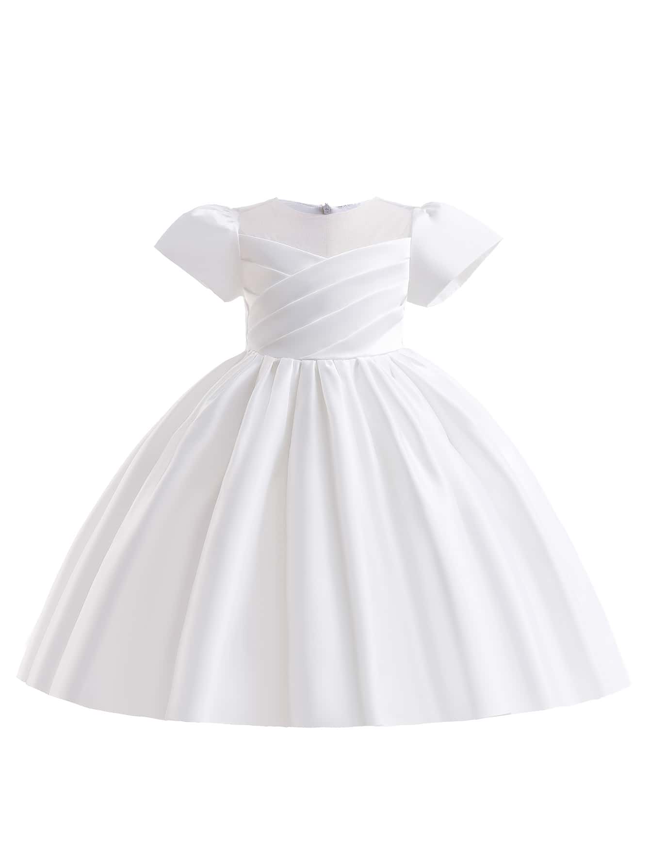 大女童正式素色緞面洋裝，後部蝴蝶結裝飾，優雅華麗，非常適合學校活動、舉辦和戶外派對 - 白色 - 查看 1