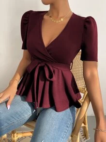 SHEIN Privé Camiseta de manga farol de cuello cruzado con cinturón peplum - Granate - Ver 5