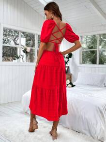 Breezaya Deep V Neck Ring Cut Out Ruffle Hem Dress - Red - View 2