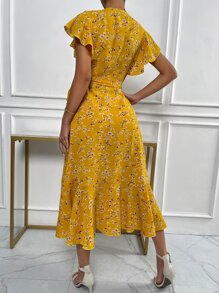 SHEIN VCAY Floral Print Butterfly Sleeve Knot Side Dress - Mustard Yellow - View 2
