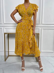 SHEIN VCAY Floral Print Butterfly Sleeve Knot Side Dress - Mustard Yellow - View 3