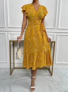 SHEIN VCAY Floral Print Butterfly Sleeve Knot Side Dress - Mustard Yellow - View 4