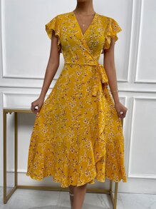 SHEIN VCAY Floral Print Butterfly Sleeve Knot Side Dress - Mustard Yellow - View 5