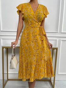 SHEIN VCAY Floral Print Butterfly Sleeve Knot Side Dress - Mustard Yellow - View 6