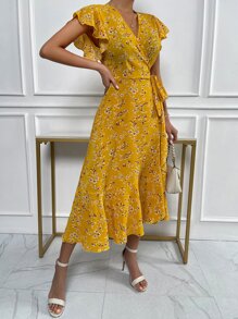 SHEIN VCAY Floral Print Butterfly Sleeve Knot Side Dress - Mustard Yellow - View 7