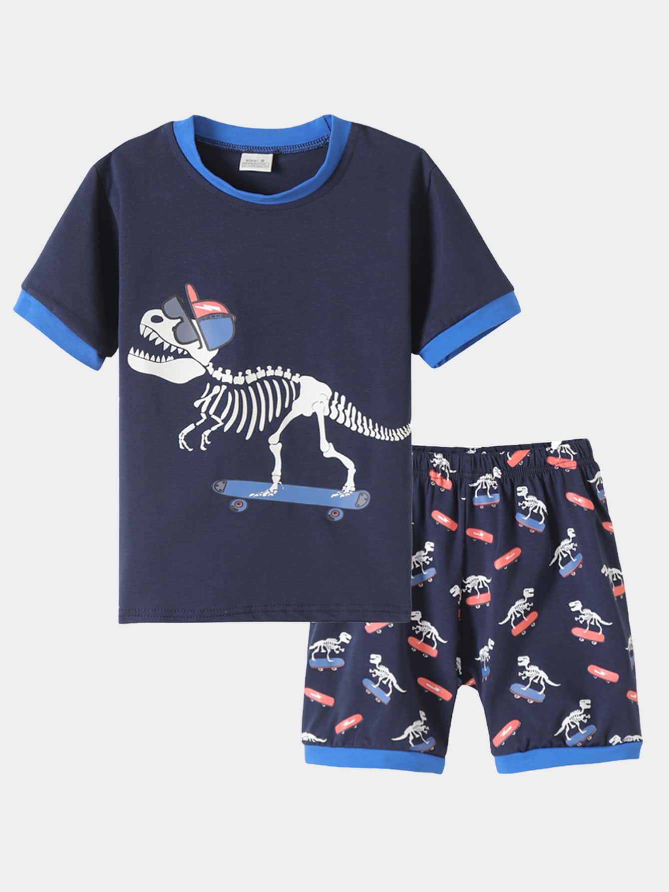 Conjunto de pijama ajuste perfecto shorts con camiseta ringer con estampado de esqueleto de dinosaurio - Multicolor - Ver 1
