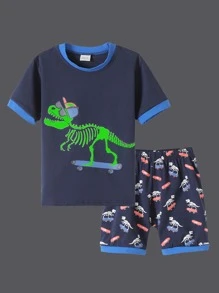 Conjunto de pijama ajuste perfecto shorts con camiseta ringer con estampado de esqueleto de dinosaurio - Multicolor - Ver 3