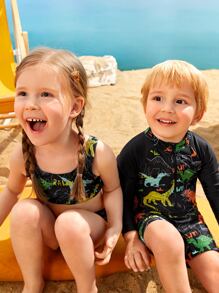 Fantacosmos 男孩專用1入組全體恐龍印花拉鍊前開連體泳衣