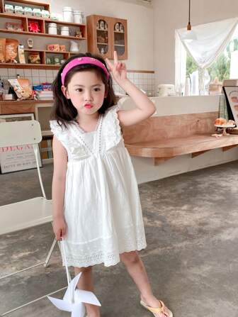 Niñitas Vestido con bordado con ojal con encaje en contraste ribete con fruncido