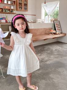 小女童網眼刺繡蕾絲拼接荷葉邊洋裝