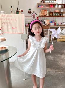 小女童網眼刺繡蕾絲拼接荷葉邊洋裝